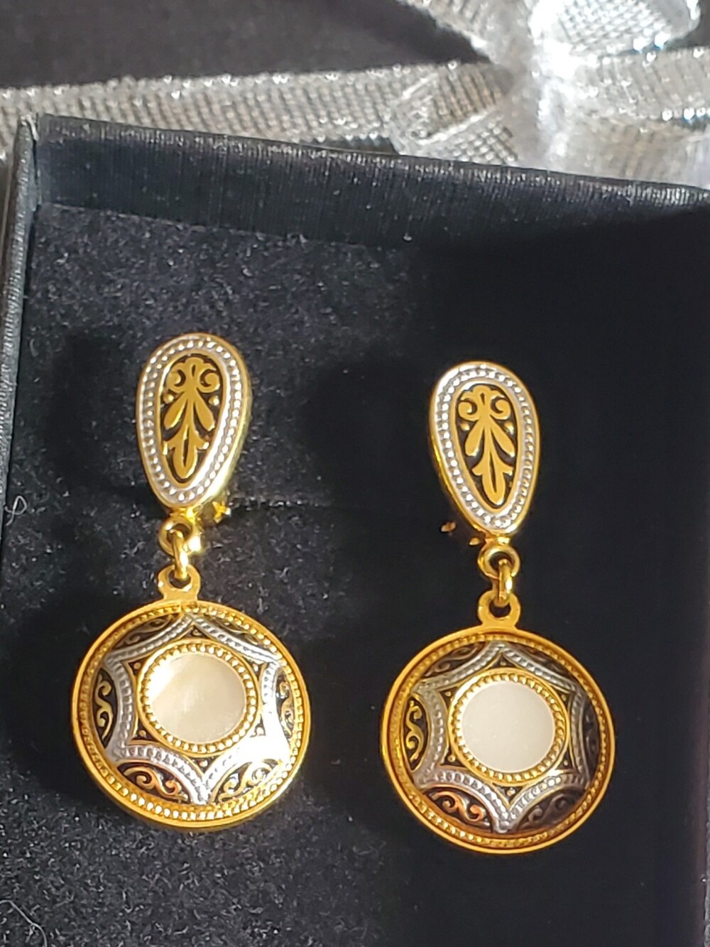 Vintage Toledo Damascene Style Gold Drop Earrings
